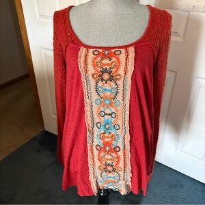 SOLD-Free People Embroidered Sienna Tunic Top Brick Red L
